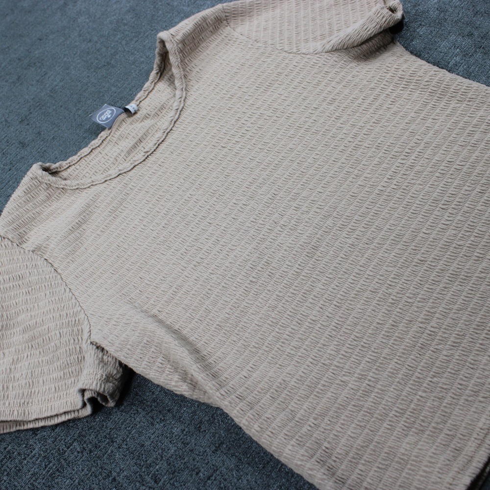 Paper Crane Womens Tan Smocked Short Sleeve Crew Neck Stretch Top Size L